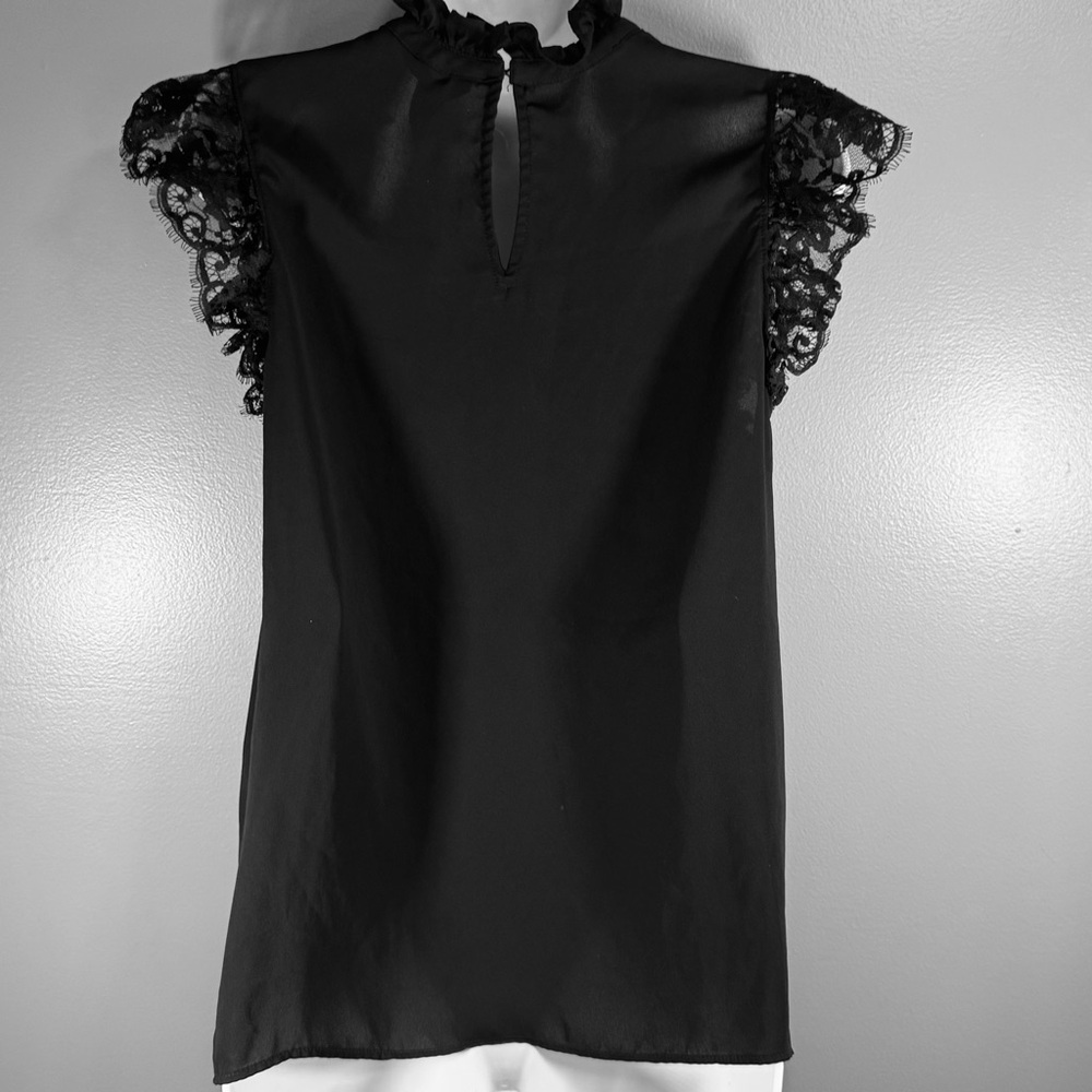 Express Black Lace Sleeve Blouse Ruffle Neck Sleeveless Top Size M Elegant Chic - Picture 4 of 11